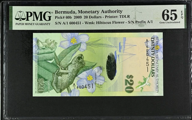 Bermuda 20 Dollars 2009 P 60 b A/1 PREFIX GEM UNC PMG 65 EPQ NR