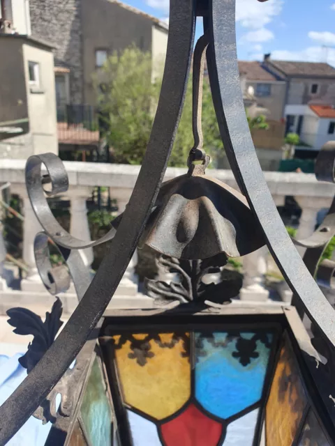 Ancienne lanterne en fer forgé laqué noir et 4 vitraux Napoléon III bon état 2