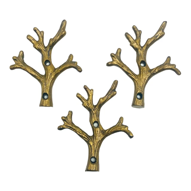 3 Gold Antiqued Brass Tree Branch Double Hooks Cast Iron Home Towel Coat Nursery