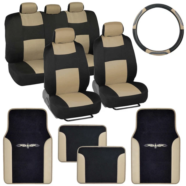 Beige / Black Car Interior Split Bench Seat Covers 2 Tone Floor Mats - 14 Pc Set