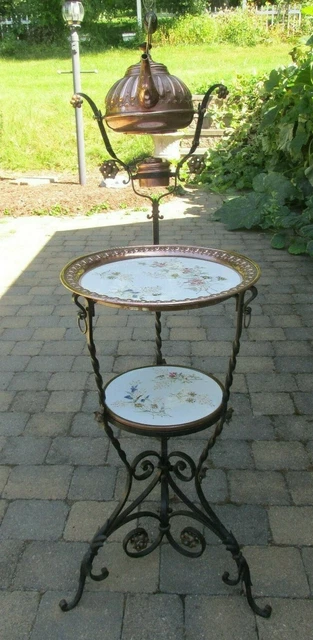 ANTIQUE1800s WROUGHT IRON TEA STAND COPPER BRASS TEAPOT +2 GERMAN SERV TRAYS