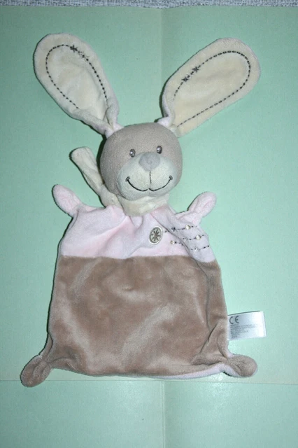 Nicotoy Doudou Lapin Plat Rose Marron Beige Echarpe Croix Etat Neuf