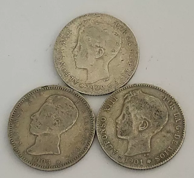 LOT ESPAGNE de 3 MONNAIES argent silver de UNA PESETAS 1900 1901 1903