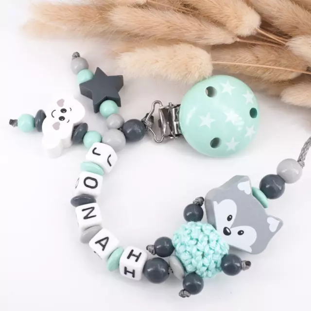 Schnullerkette mit Namen Junge ★ FUCHS Stern Wolke ★ Babygeschenk grau mint ★