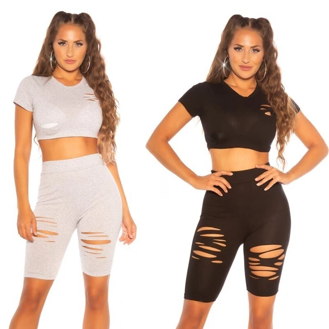 Completo donna tuta set due pezzi top crop con pancia scoperta short sportivo