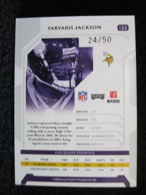 Tarvaris Jackson Rc 2006 Playoff Signature Proof Rookie Card#24/50!Vikings Qb Rc 3