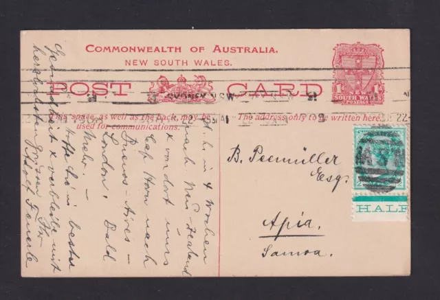 NSW: 1908 - 1 P. Ganzsache + 1/2 P. Unterrand ab Sydney N. SAMOA  (23010497)