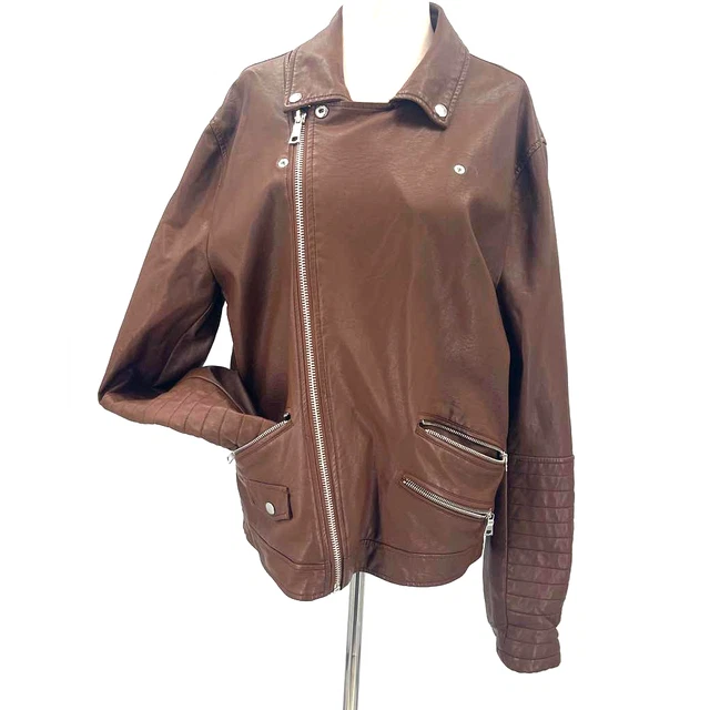 FOREVER 21 sz L cognac brown faux leather full zip jacket B112