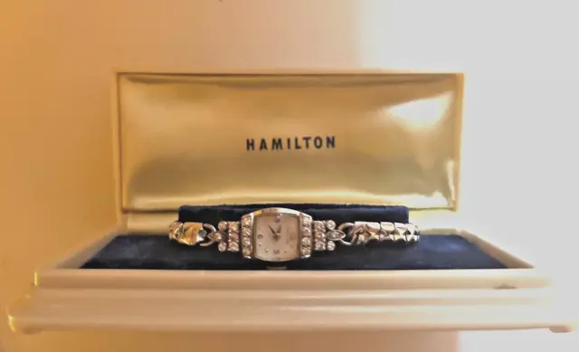 Vintage Lady Hamilton Diamonds 14K White Gold Watch Bracelet in Original Box