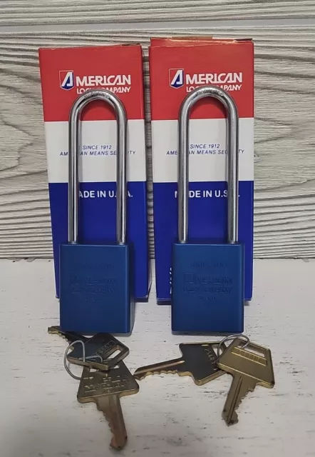 American Lock Series 1105 Blue Padlock 3.5" Long Shackle Lot of 2 Keyed Alike