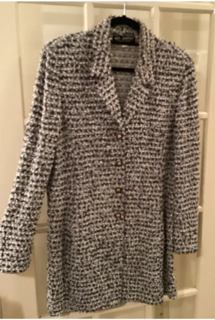 St John Knit Collection Black & Bright White Boucle Long Jacket & Matching Scarf