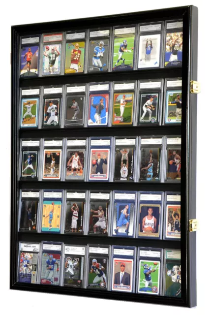 35 Graded Sport Cards / Collectible Card Display Case Wall Cabinet 98% UV Locks