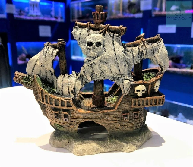 Mezzaluna Gifts Skull Pirate Ship Aquarium Fish Tank Ornament Pirate Ship L 15 x