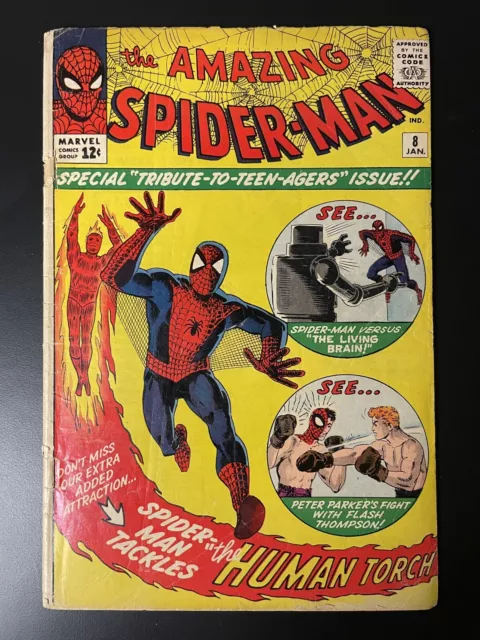 AMAZING SPIDER-MAN #8 (Marvel, 1964) *1st app LIVING BRAIN* Human Torch, Key