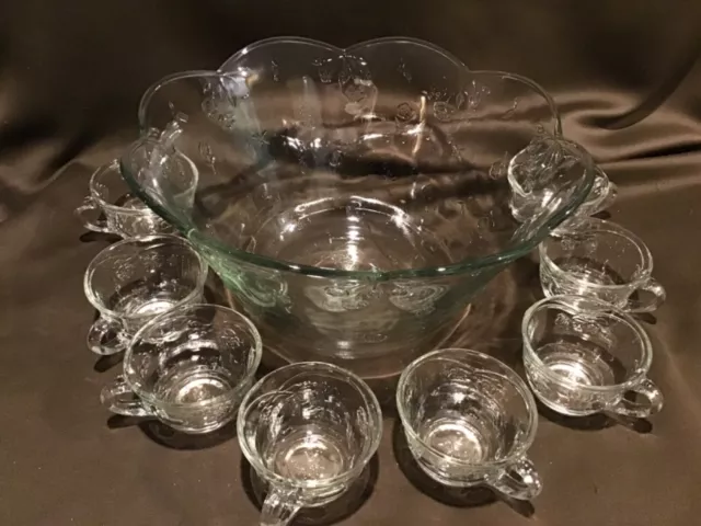 Vintage Clear Glass Anchor Hocking Savannah Punch Bowl Set With 8 Cups