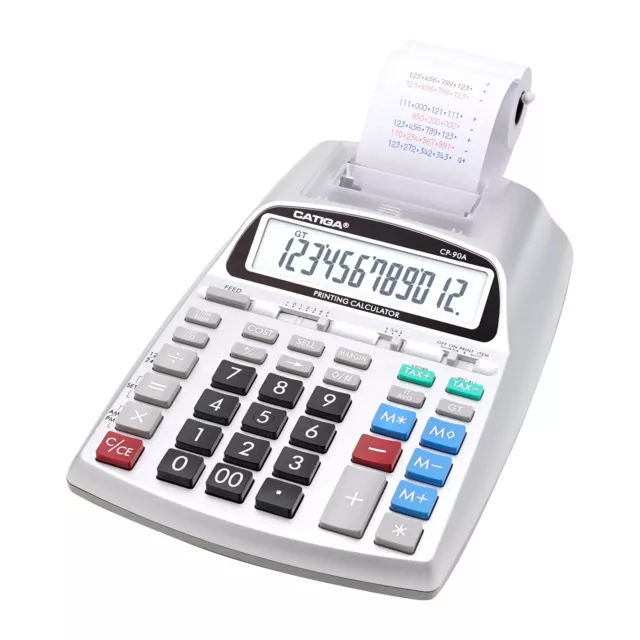 Adesso CP-90AS Catiga 12 Digits 2 Color Printing Calculator Silver AC or Battery