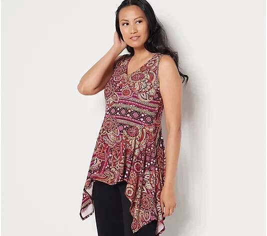 ATTITUDES BY RENEE NEW $68 Como Jersey Dip Hem Knit Tunic Tank Paisley Large