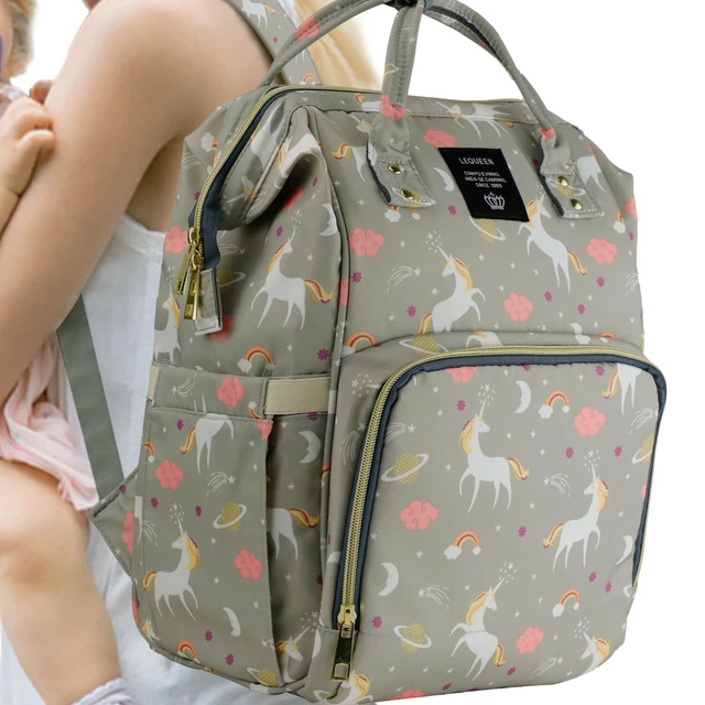 LEQUEEN Unicorn Mommy Mom Baby Diaper Bag Backpack Large Nappy Changing Bag Gray