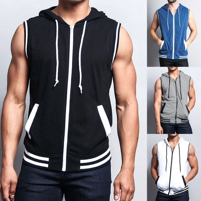 Men's Workout Zipper Hooded Tank Tops Bodybuilding Sleeveless Gym Hoodies