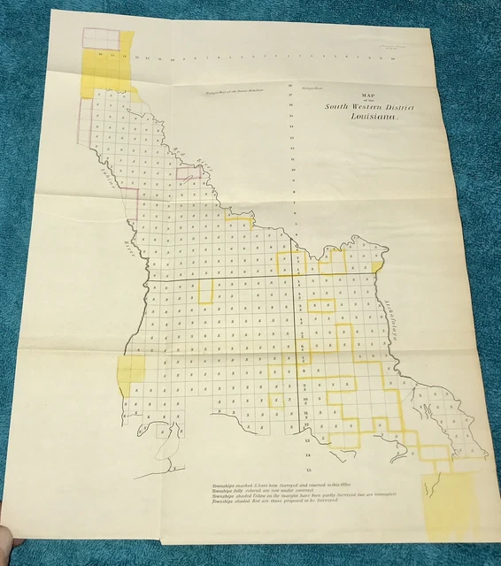 Antique 1837 SOUTH WESTERN DISTRICT LOUISIANA MAP, Sabine & Red Rivers, Color