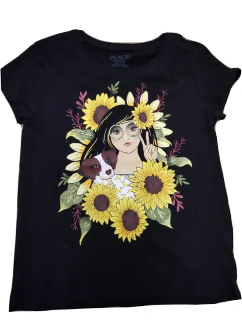 CHILDRENS PLACE Girl with Dog Sunflower Graphic T-Shirt  Size S/P (5/6) NWT