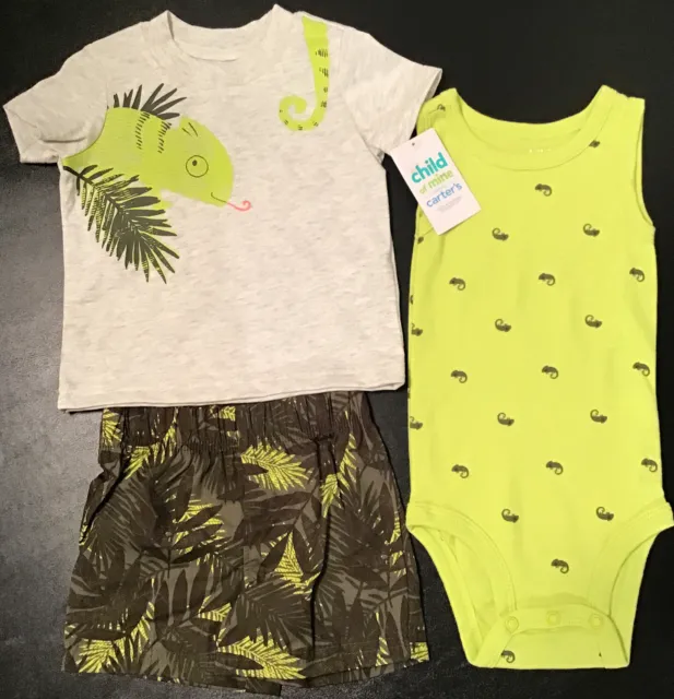 Carters Infant Baby 3-6 Months Boys 3pc Lizard Tank Bodysuit, Shirt & Shorts Set