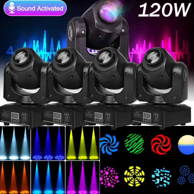 4X 120W Sound Activated RGBW Moving Head 8Gobo Pattern DMX Stage Lighting Disco