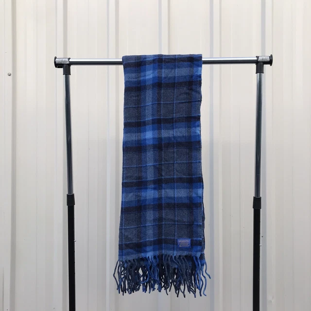 Vintage Pendleton Virgin Wool Blue Plaid Throw Stadium Blanket Fringe USA 70x52