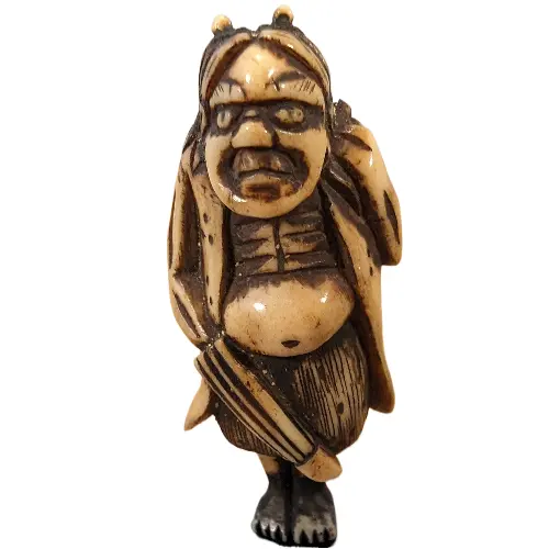 Antique Japanese Stag Antler Netsuke Oni Demon Yokai holding Umbrella Kasa Japan