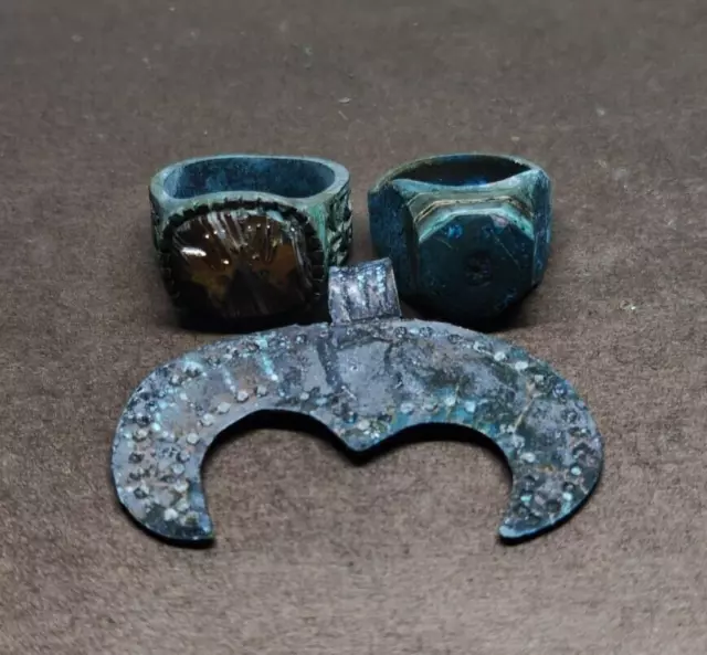 Bronze Rings and Amulet, Extremely Ancient Genuine Viking Bronze Artifact