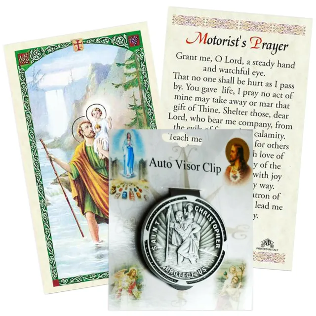 St Saint Christopher Visor Clip Car Round Pewter Medal W/ Traveler Safety Prayer