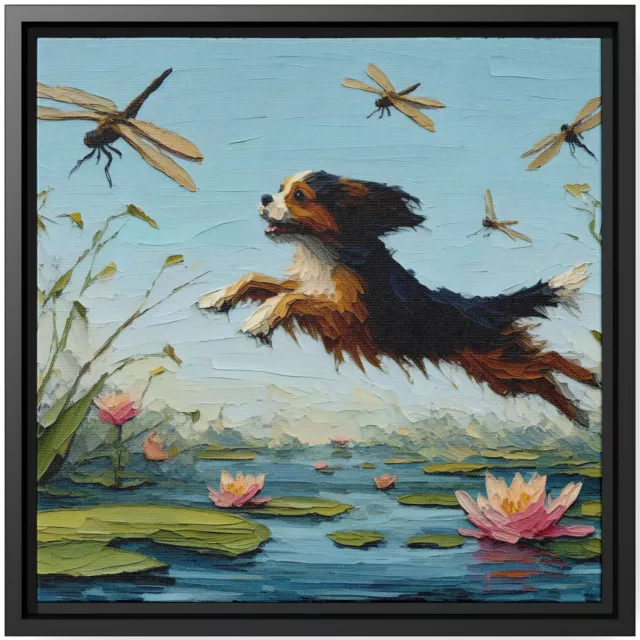 Wall Art Decor Canvas Print Dog Oil Painting Spaniel Pond Dragonfly Waterlilies