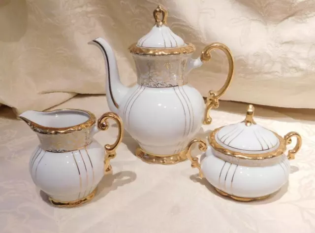 Vintage Seyei Teapot, Sugar, and Creamer  FINE CHINA 1030 JAPAN WHITE & GOLD