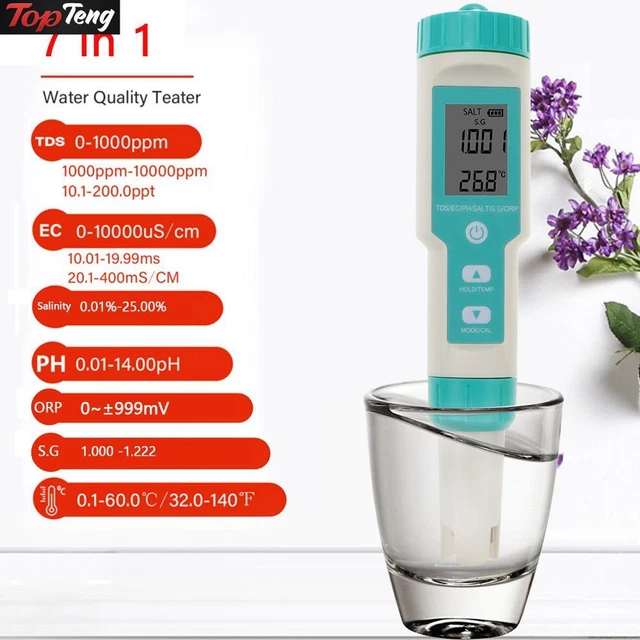 7 In 1 Digital Salinity PH TDS TEMP SG EC ORP Tester Water Quality Monitor Meter