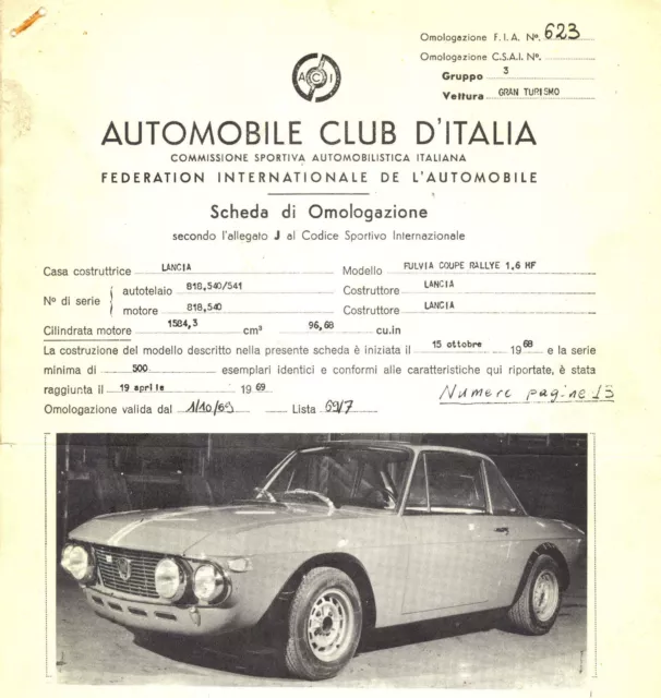 Lancia Fulvia Coupe' Rallye Hf 1600 Copy Fiche D’homologation (085)