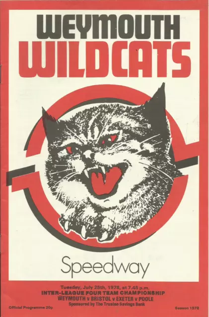 Vintage Speedway Programme Weymouth Wildcats Interleague 4 Team 25th July 1978