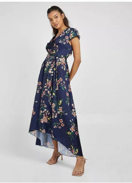 Boohoo sleeve tie waist floral dress navy size 10 BRAND NEW WITH TAGS RRP £32