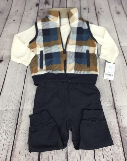 Carters boys 12m - 3 pc fleece Plaid Vest Jumpsuit Pant Set NEW with Tags