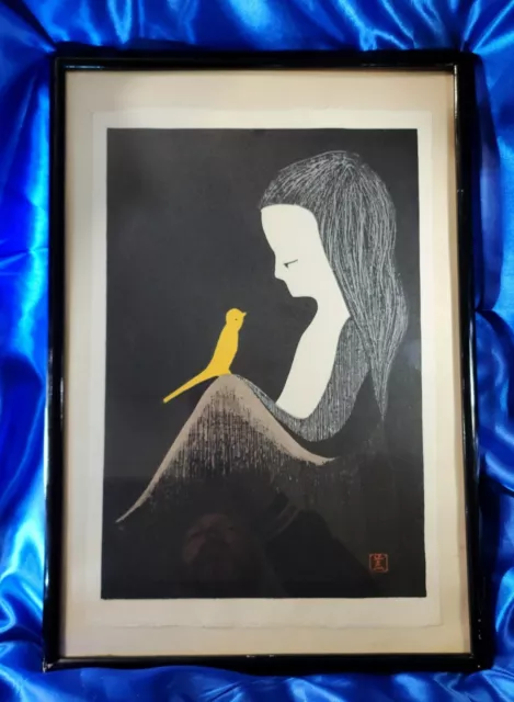 Kaoru Kawano • Woodblock Print "Girl And Yellow Bird" Marked Art Japan • 10x15"