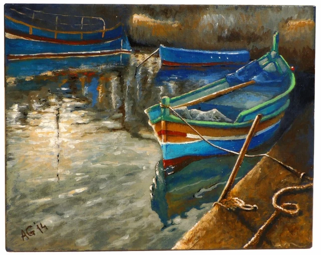 ORIGINAL KLEINES ACRYLGEMÄLDE maltesischer Fischerboote mit ruhigem ...