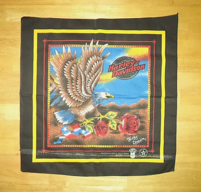 Harley Davidson Eagle Roses Rose Vintage Handkerchief Scarf Bandana Made In USA