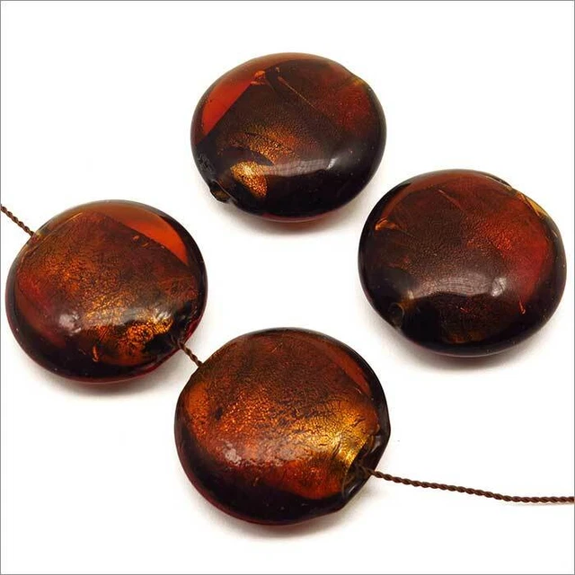 Lot de 4 Perles en Verre Lampwork Feuille d’Argent Galets 25mm Marron