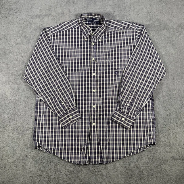 Camicia vintage a scacchi Nautica da uomo grande blu navy beige manica lunga