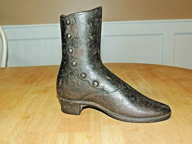 Antique Cast Iron Victorian Door Stop Decor Buttons Shoe, Boot, Metal, Marked 12
