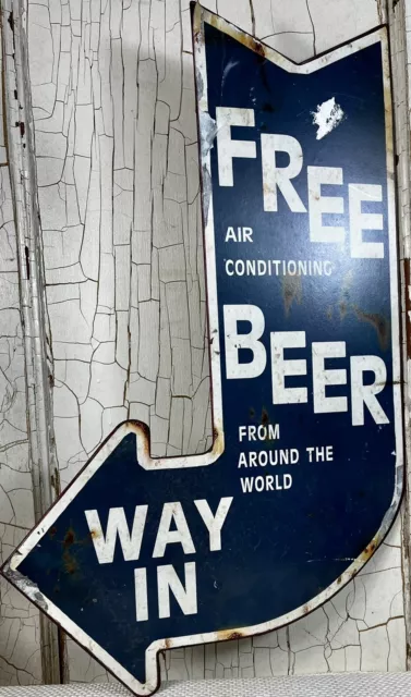 Rustic Free Beer Served Here Cold AC Blue Arrow Tin Metal Sign Bar Pub Garage