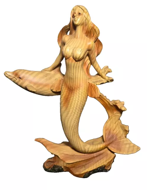 Large Ocean Mermaid Princess With Dolphin Friend Figurine Coastal Marine Statue