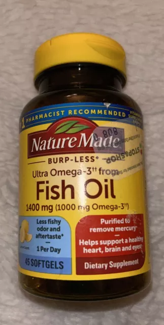 Nature Made Burp-Less Ultra Omega-3 from Fish Oil 1400mg, 45 Softgels, Exp 01/25