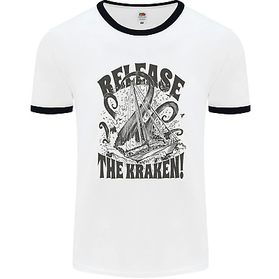 Release the Kraken Cthulhu Sea Creature Mens White Ringer T-Shirt
