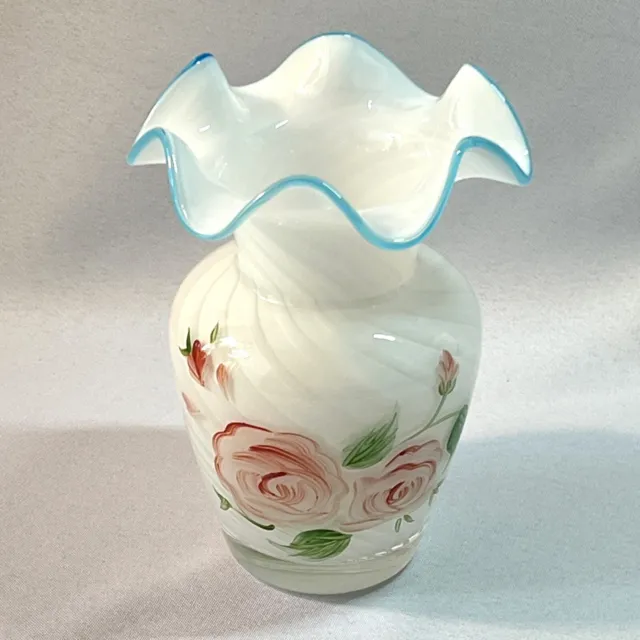 Fenton For Teleflora Vase Vintage Optic Swirl Blue Crest Hand Painted Hand Blown