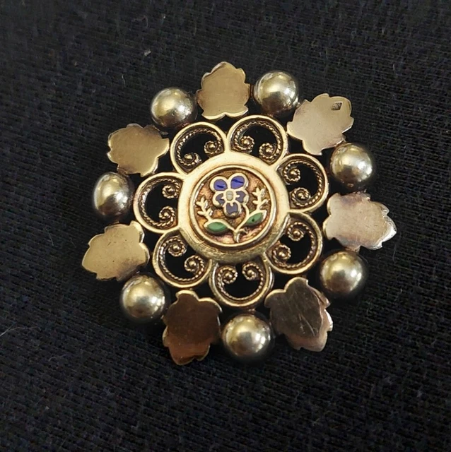 Broche Ancienne En Argent Massif Et Vermeil - Motif Feuille - Occasion Vintage